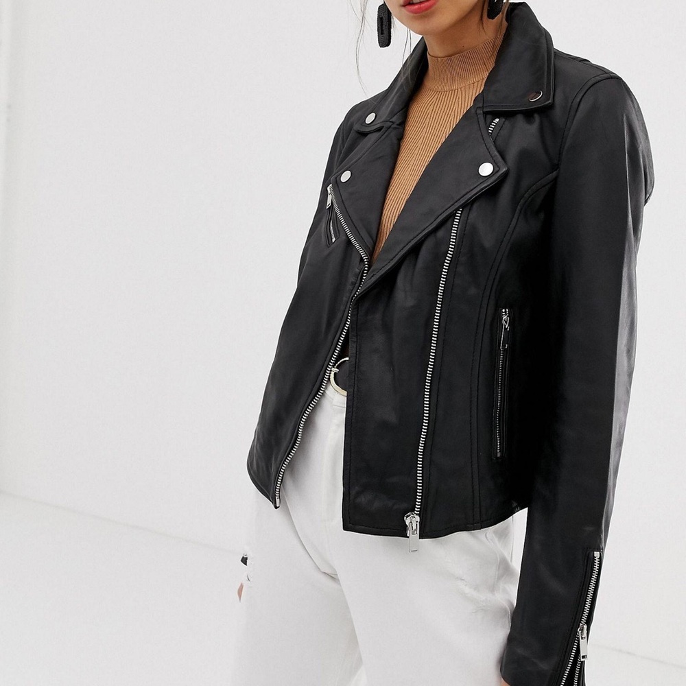 Stradivarius Genuine Leather Black Moto Jacket